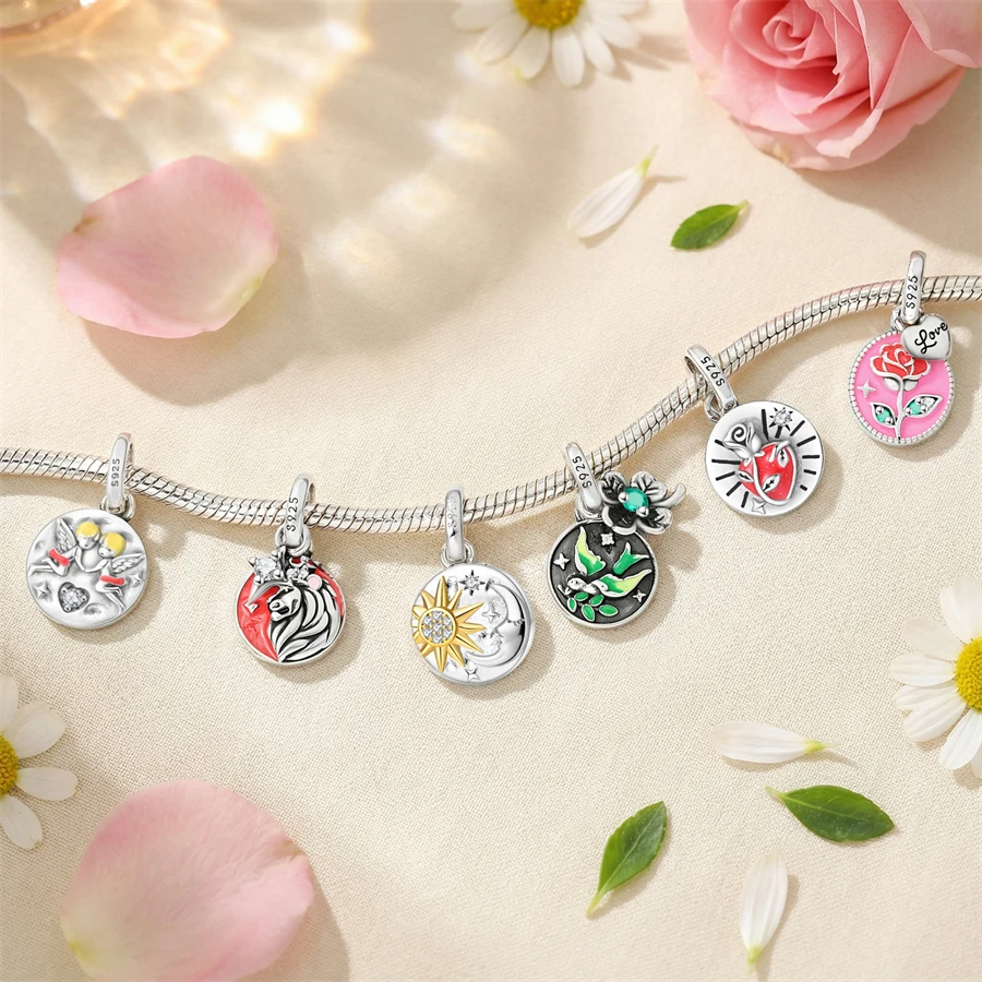 Charms 925 Silver Rose Star and Moon Amulet Pendant Swallow Lion Beads Fit Pandach 925 Original Bracelets Fine DIY Jewelry
