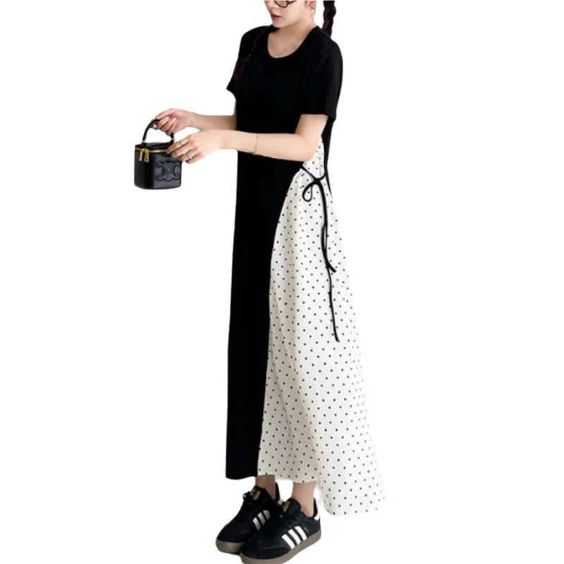 Couleur Blo ort Sve longue Dr grande taille femmes coupe ample minceur à pois t-shirt robe taille haute jupe trapèze