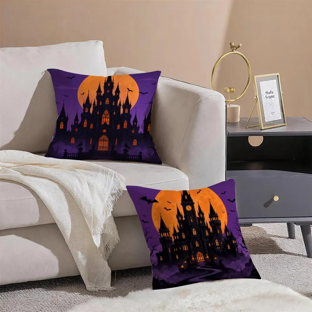 H-Halloween Haunted Castle Cushion Cover Throw Pillow Cover Hidden Button Durable Polyester Chair Cushion
