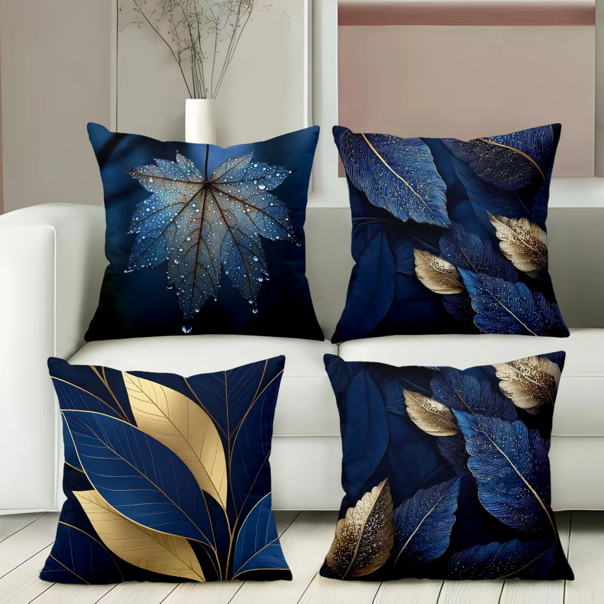1 Pieces Navy Gold Leaf Decorative Pillow Covers Polyester sofa decorative cushion cov Headboard Pillow (Without Pillow Core）