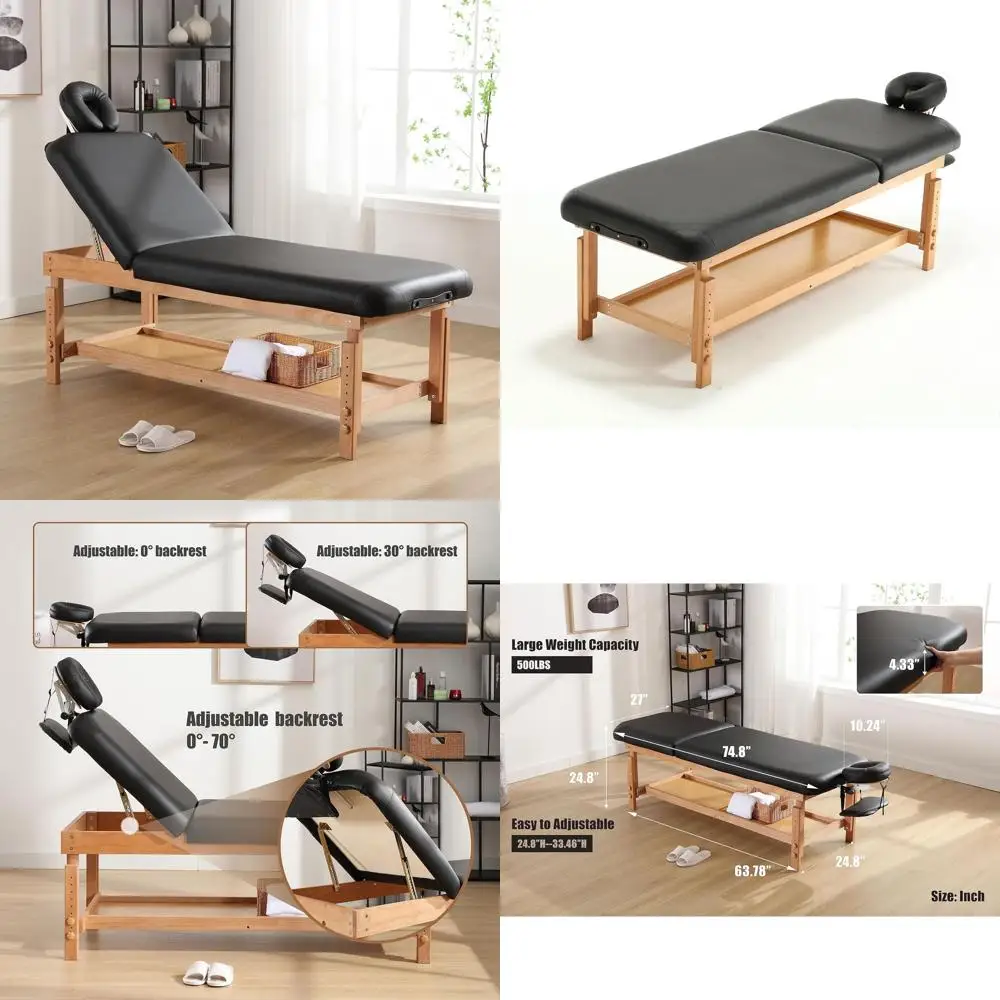 

Premium Wide Wooden Massage Table with PU Leather and Memory Foam, Adjustable Height and Backrest, 500lbs Capacity, Heavy Duty,