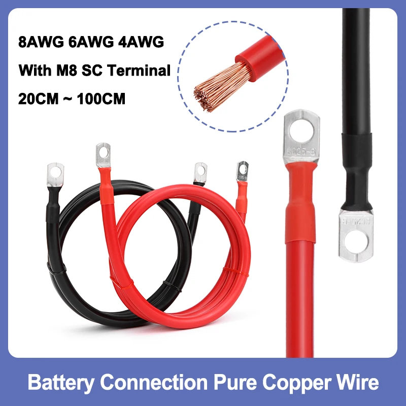 

10/20/50/100CM Battery Cable 8 6 4 AWG Stranded RV Pure Copper Wire with M8 Tinned Copper SC Terminal Lug for Inverter Car Solar