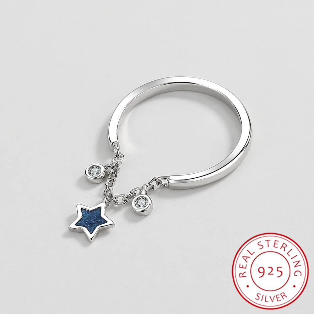 

2022 NEW Classic Sapphire Blue Star Chain Couple Rings For Women Round Full Diamond Sterling 925 Silver Anniversary Gift Jewelry