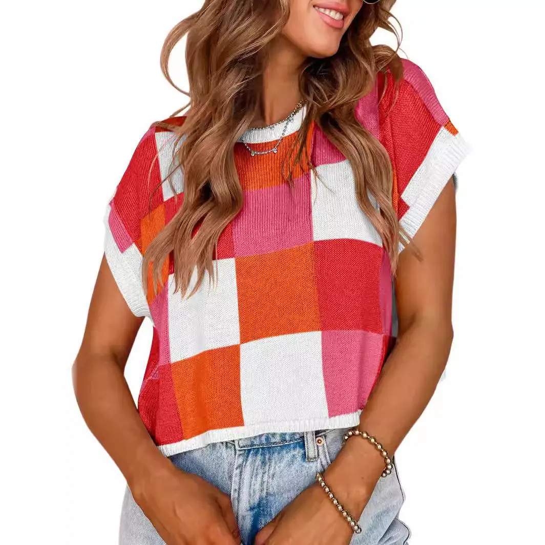 Women's Summer Hat Sleeves Exposed Navel T-shirt Short Sleeved Color Blocked Round Neck Knitted Checkered Sweater