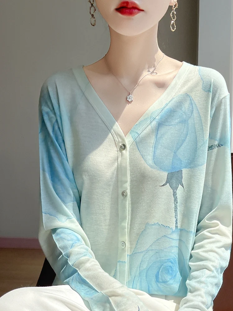 Ele Printed Knitted Cardigan Thin Outerwear Casual Sle Loose Fit Long Sve V-Ne Button Closure Regular Length