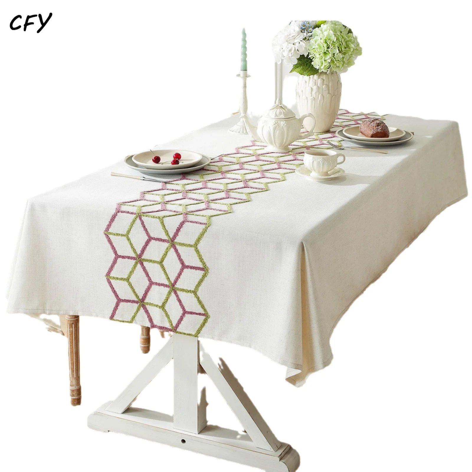 Cotton Linen NordicI ntersecting Cubic Geometry Patterns Rectangular Tablecloth Pendant Tea Table Pad Meal Cloth