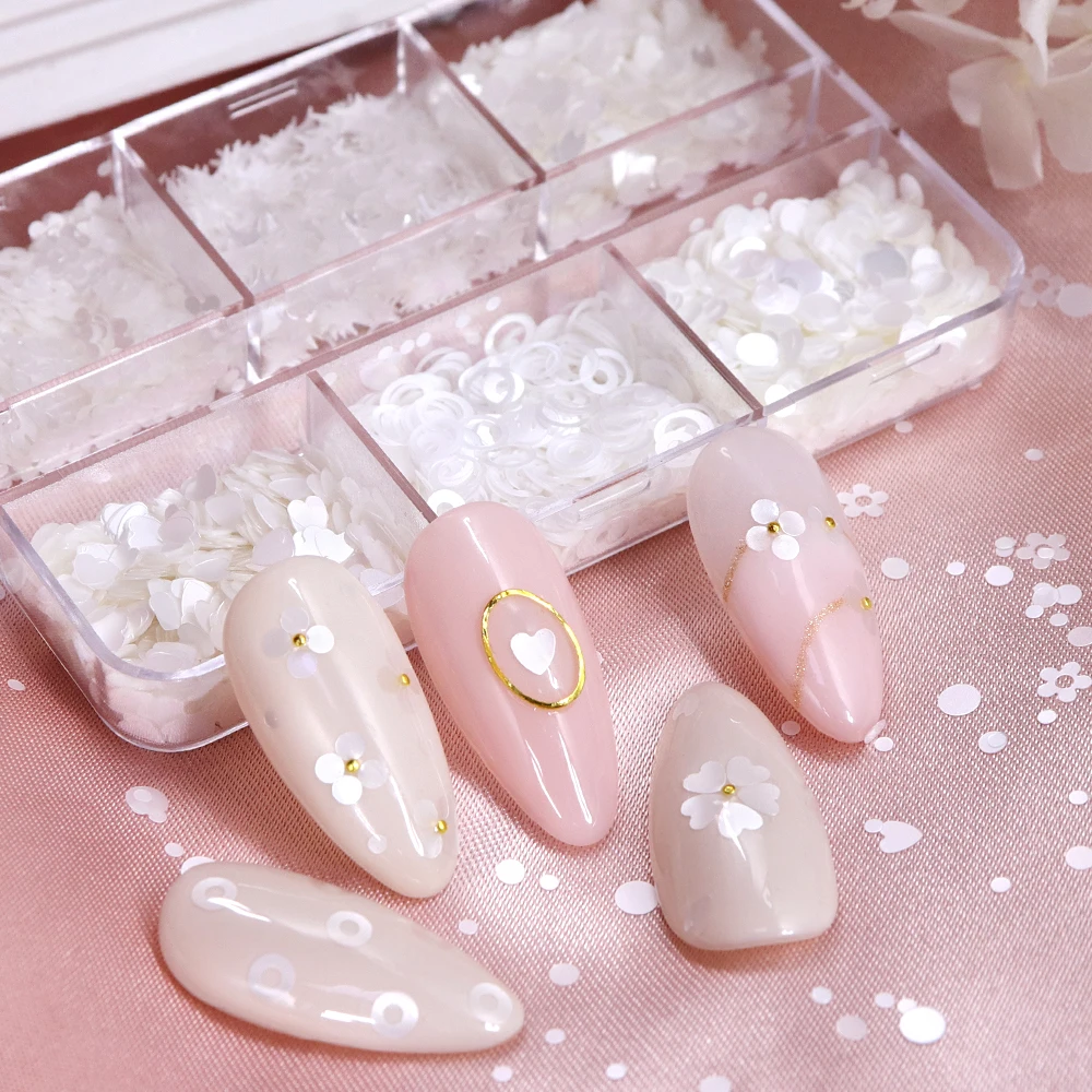 Pearlescent Pure White Nails Art Sequins Accessories Sakura Petals Round Love Heart Flakes Spring Summer Manicure DIY Decoration