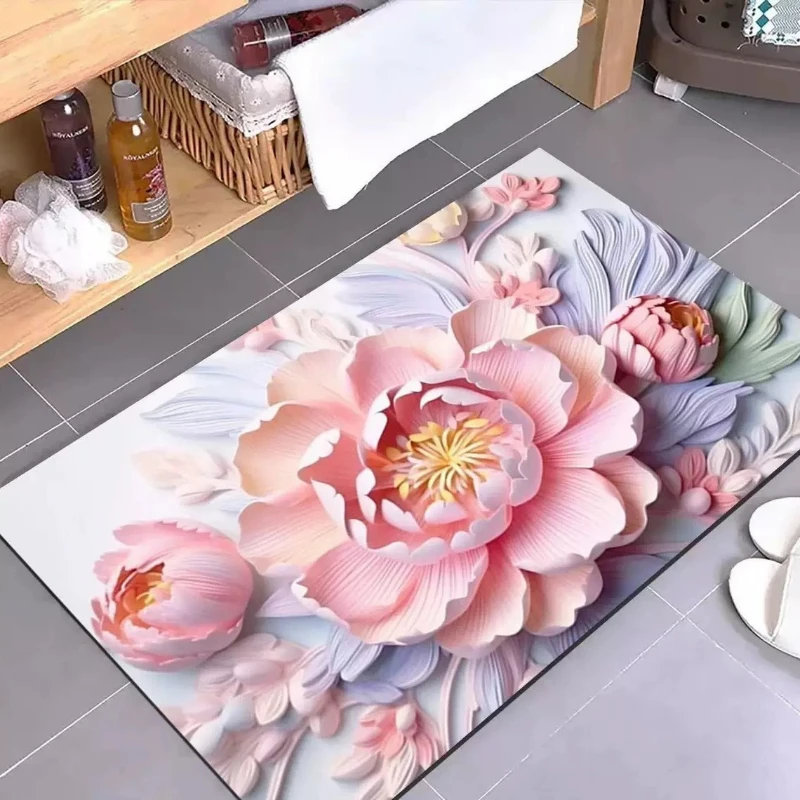 3D Floral Printed Super Absorbent Bath Mat Anti Slip Entrance Door Mats Bathroom Living Room Carpet Waterproof Toilet Floor Rug