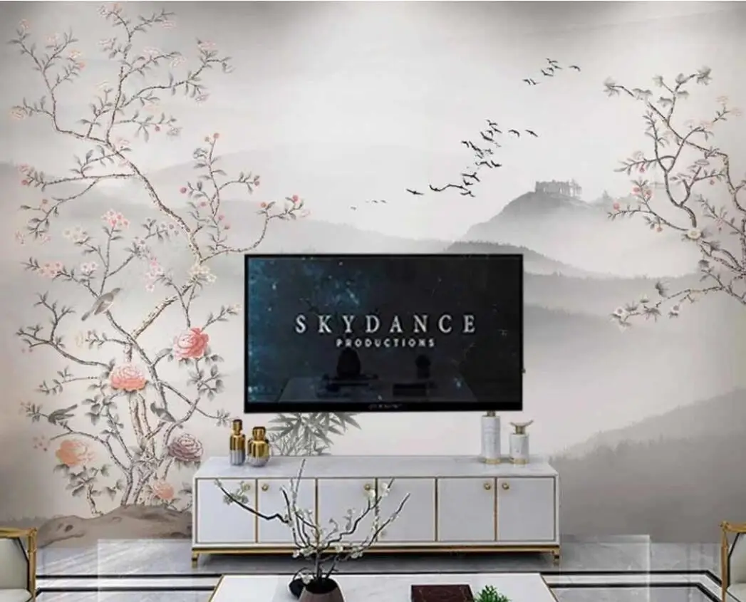 

Custom size 3D Wallpaper hand-painted flowers and birds landscape Mural American pastoral flower background decorative painting