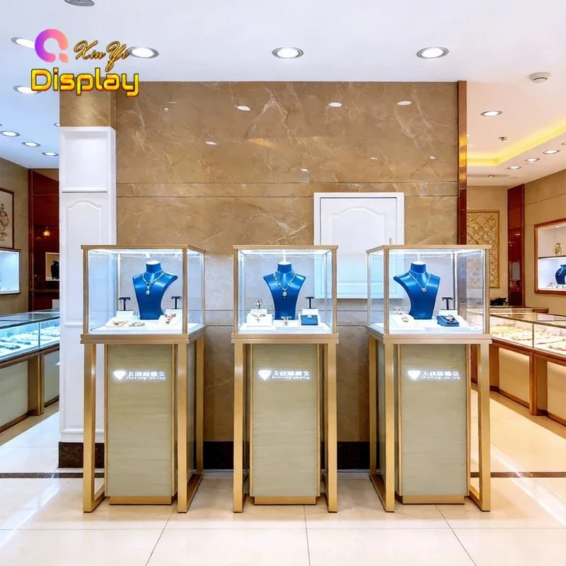 custom.Luxury Elegant Jewelry Display Tower Glass Top Branding Area LED Lighting Eco-Friendly Recyclable Jewelry Shop Design