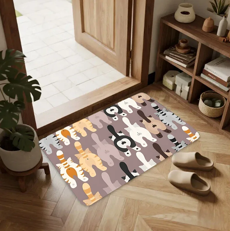 Hand Drawn Cat Floor Doormat Minimalist Non Slip Indoor Carpet Mat Cute Pet Themed Home Decoration Entryway Living Room Area Rug