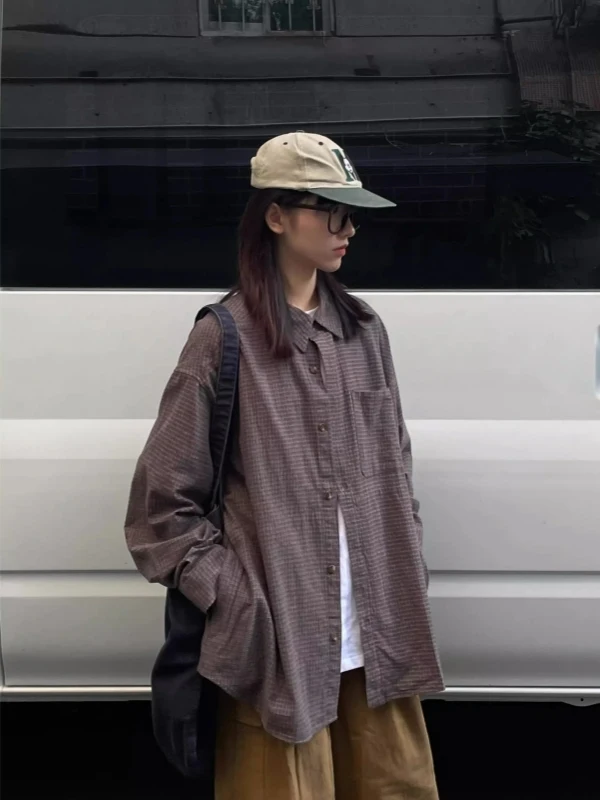 

Loose Fit Plaid irt Korean Sle Casual Long Sve Turn-down Collar Thin Outerwear for plus Size Women Autumn Cotton Blend