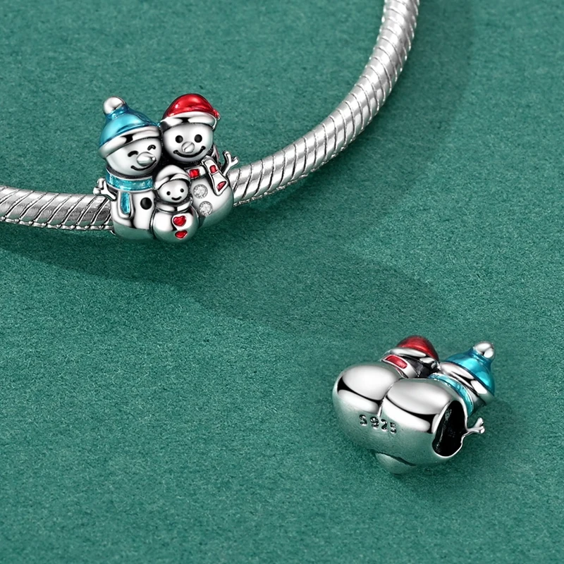 Snowman Family Charm Bead Hats Scarf Heart Zircon Winter Xmas Family‑Harmony 925 Sterling Silver Fit DIY Bracelet Jewelry Gift