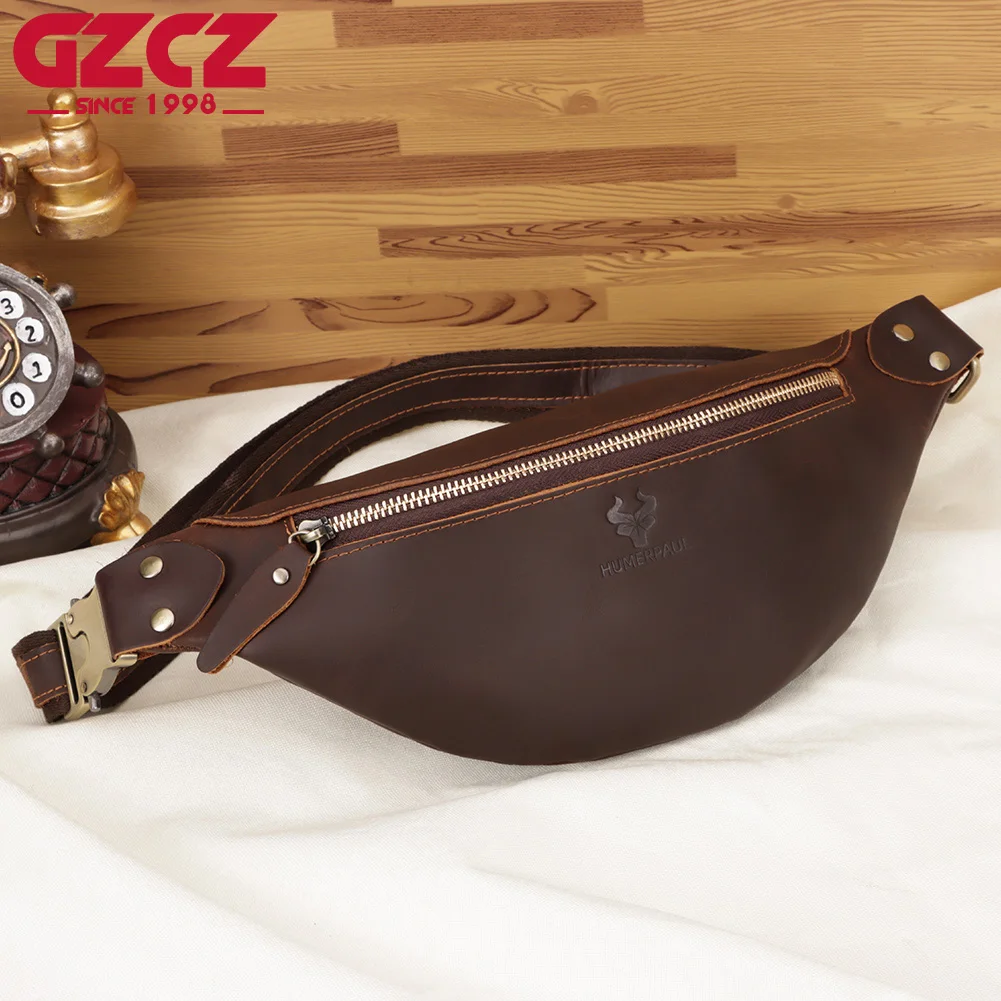 GZCZ Crazy Horse Leather Men's Chest Bag Release Buckle Fanny Waist Pack Multifunctional   Luxurious Male Phone Pocket Chest Bag