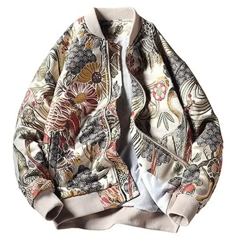 

Japan Style Mens Floral & Crane Embroidery Bomber Jacket Stand Collar Men Streetwear College Baseball Jackets Autumn Coat