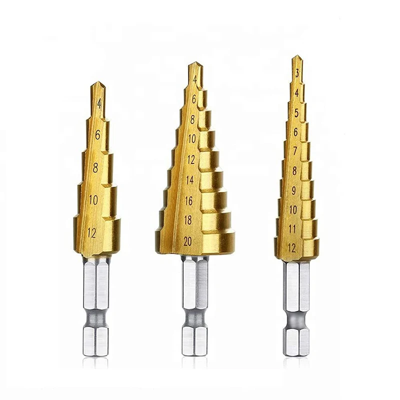 

Three-piece Straight Groove Titanium-plated Hexagonal Shank Step Drill Set High-speed Steel Pagoda Drill Reaming Drill Bit