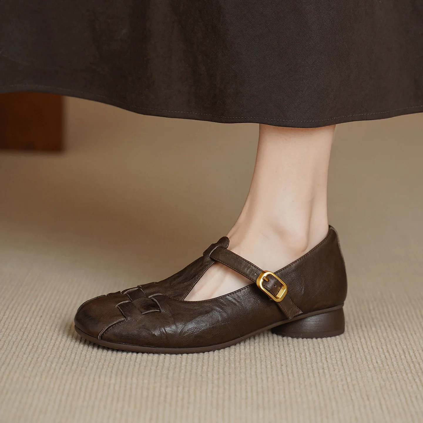 Women Mary Jane Shoes Vintage Woven Toe T-Strap Low Block Heel Pumps Genuine Cowhide Leather Soft TPU Sole Comfort Walking Pumps
