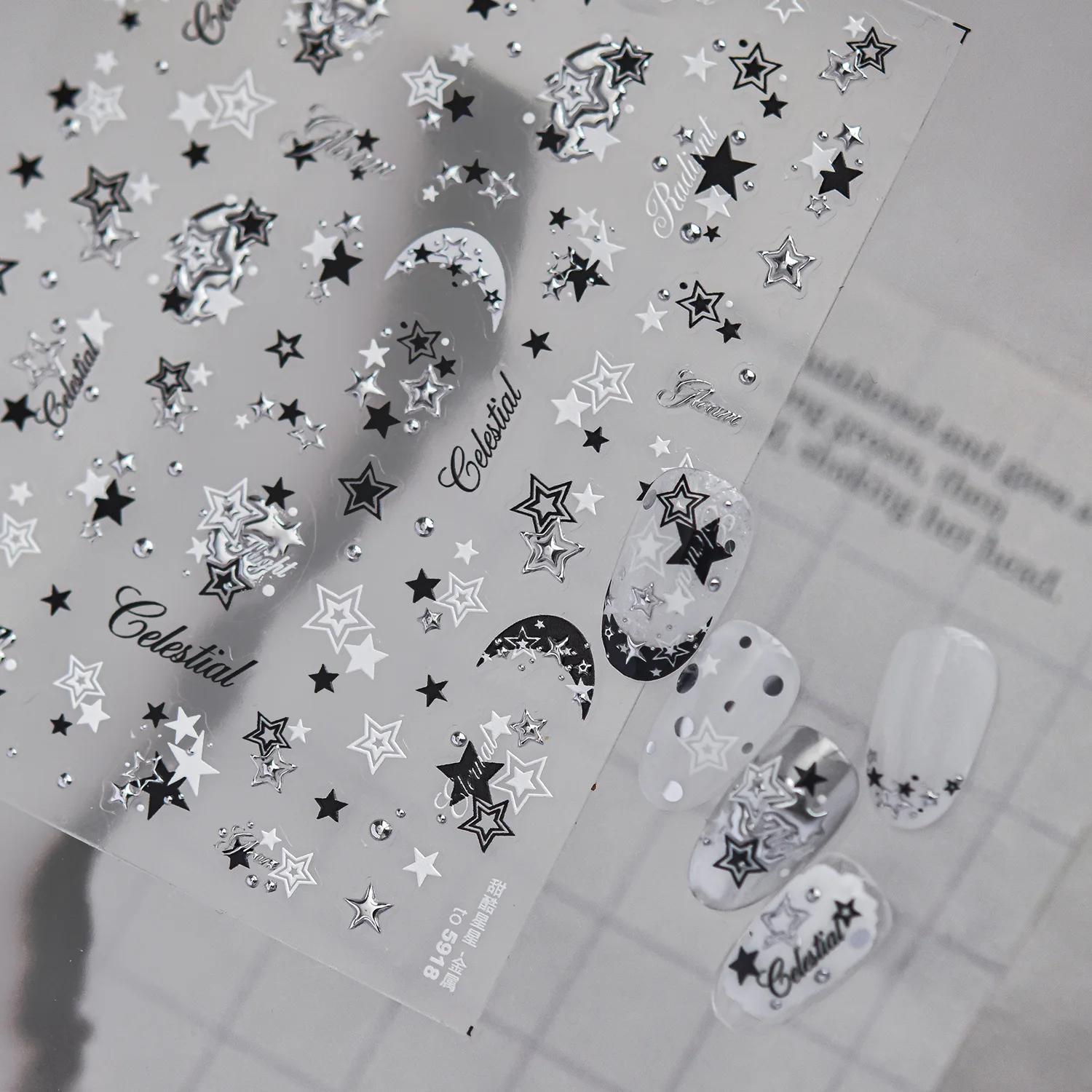 5D Silver Black Hollow Out Moon Five-point Star Celestial Space Nail Decals Galaxy Spark Starburst Dark Night Sky Nail Stickers