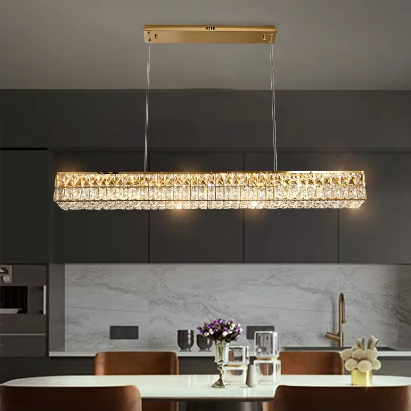 Modern Dining Room Luxury Dimmable Led Pendant Lights Straight Steel Lustre K9 Crystal Led Suspend Lamp Hanging Lamp Fixtures