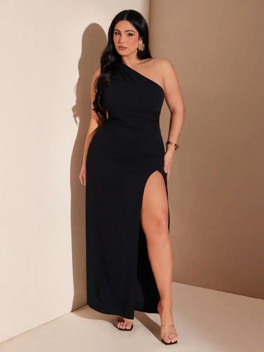 

Black One-Shoulder Maxi Dress With High Slit Elegant Evening Party Dress