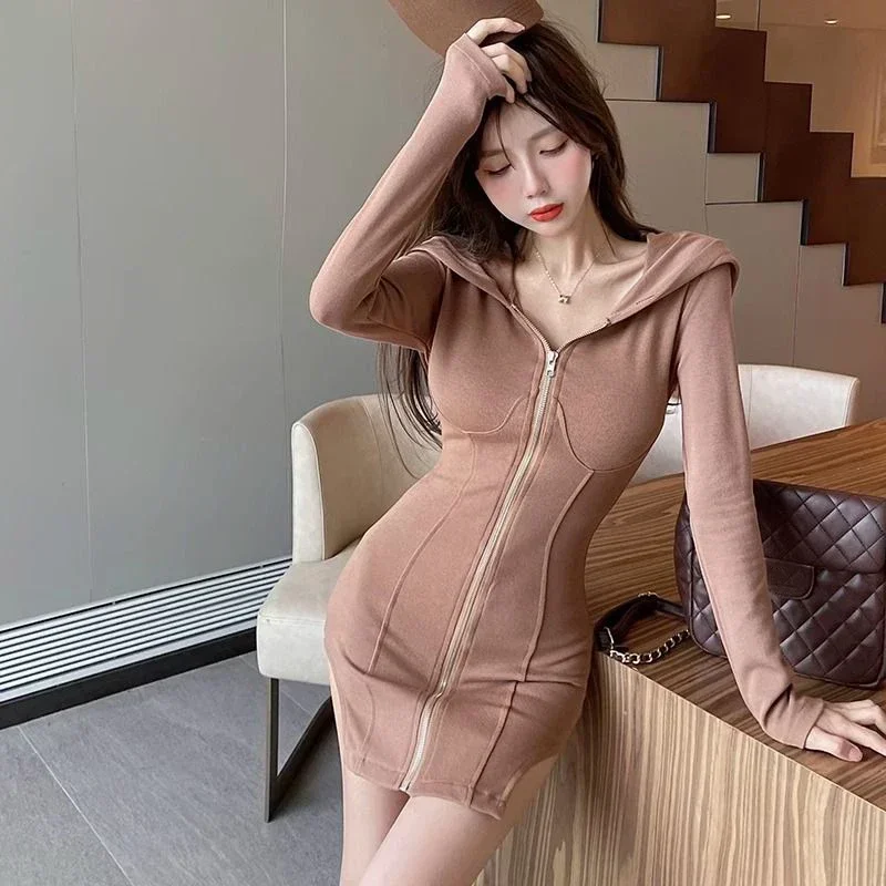 Coffee Hooded Mini Dresses for Women 2025 Autumn Sexy Slim Zip Up Hip Wrap Dress Woman Casual All-Match Long Sleeve Dress