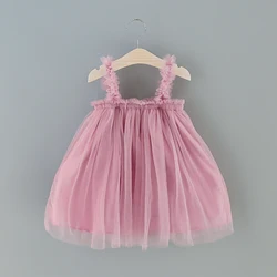 Korean version of children's clothing, summer girls' dress, new mesh red sweet style, solid color suspender, mesh princess dress