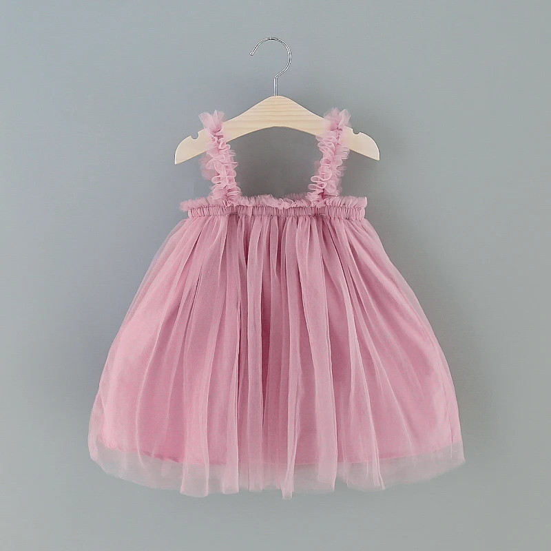 Toddle Baby Girl Tulle Dress Lovely Sleeveless Pleated Solid Summer Dress Party Tutu Gown Children Princess Baptism Pink Clothes