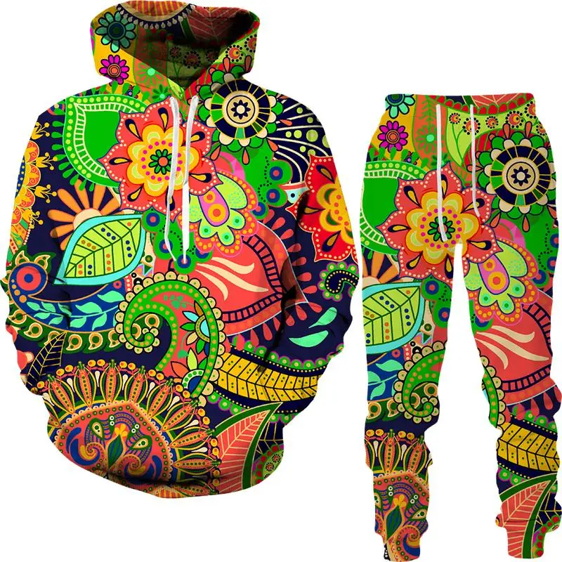 Hoodie Sets Ethnic Style 3D Printed Men Tracksuit Sets Casual Hoodie Oversized  Pants 2pcs Sets  Pullover Fashion Men Clothing