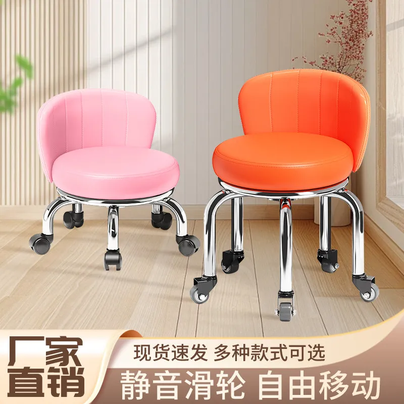 Premium Sturdy Round Rolling Low Stool with Backrest Caster Wheels Tile Grouting Pedicure Toddler Steps Home Household Furniture