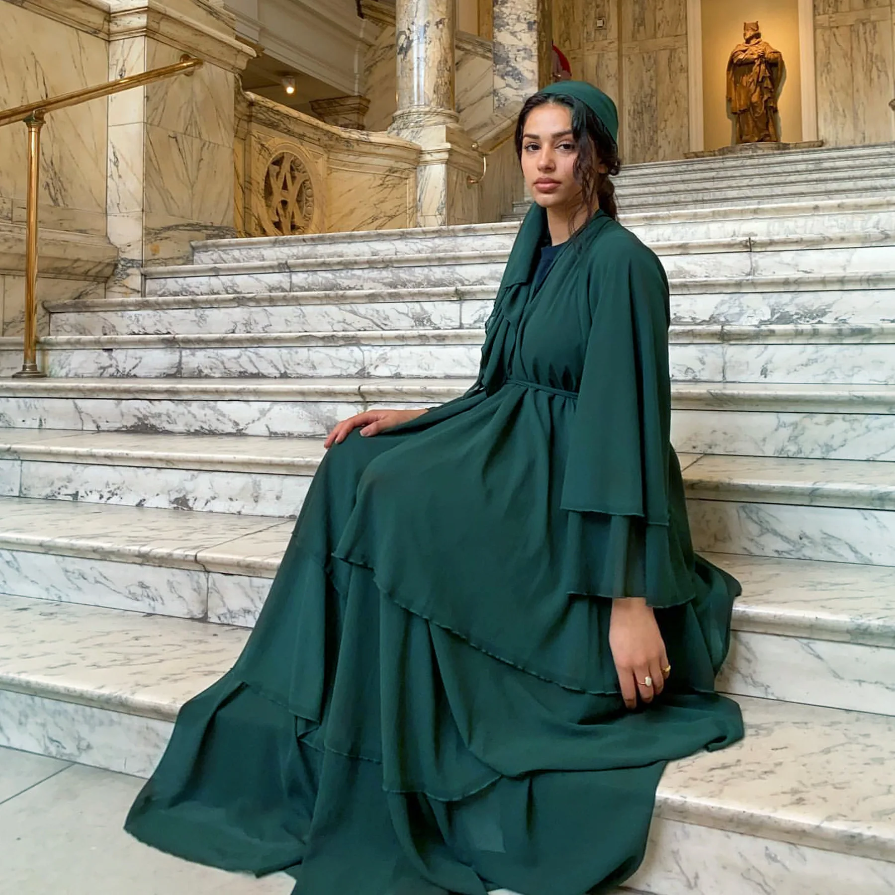 Abaya with Hijab Set 3 Layers Chiffon Flare Sleeves Muslim Women Clothing Dubai Kimono Abaya Evening Party Ramada Eid Dress 2024