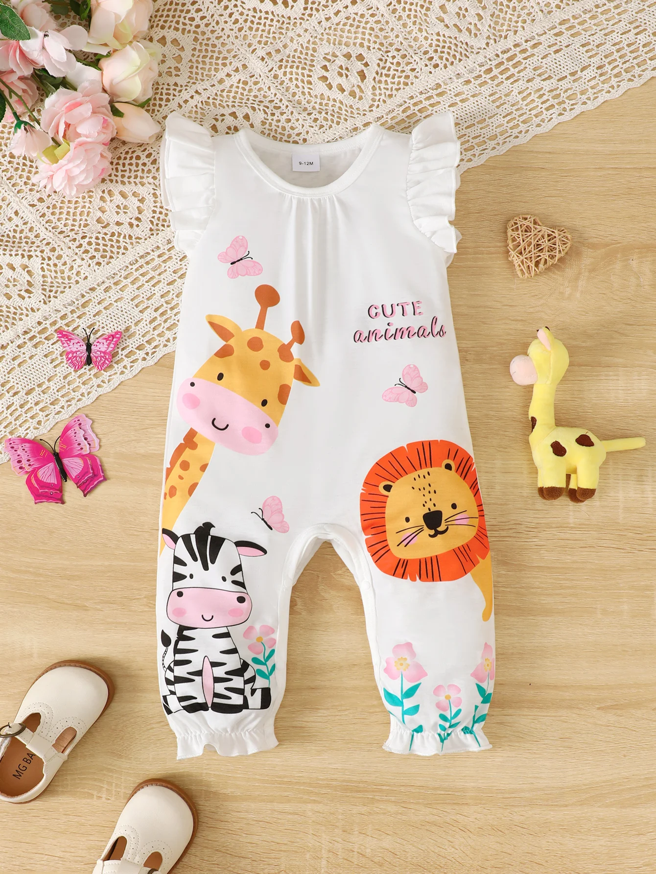 Cute Baby Girl Summer Bodysuit Round Neck Ruffled Cartoon Animal Print Sleeveless Jumpsuit Suitable for Babies Aged 0-12 Month