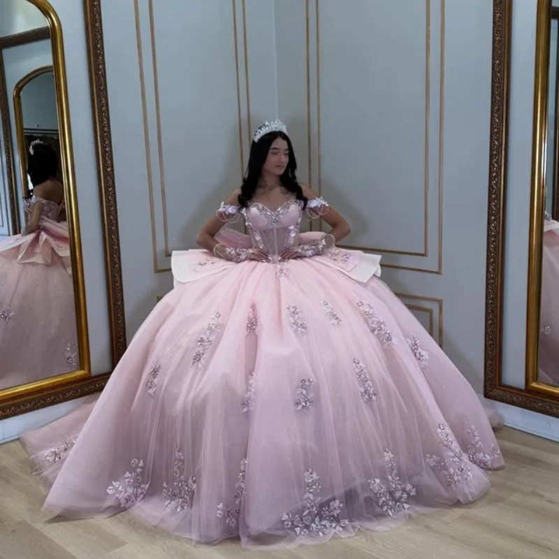 

Customized Pink Quinceanera Dresses Off the Shoulder golden applique layering Long tail 3D flower Bow Vestido 15 Quinceanera