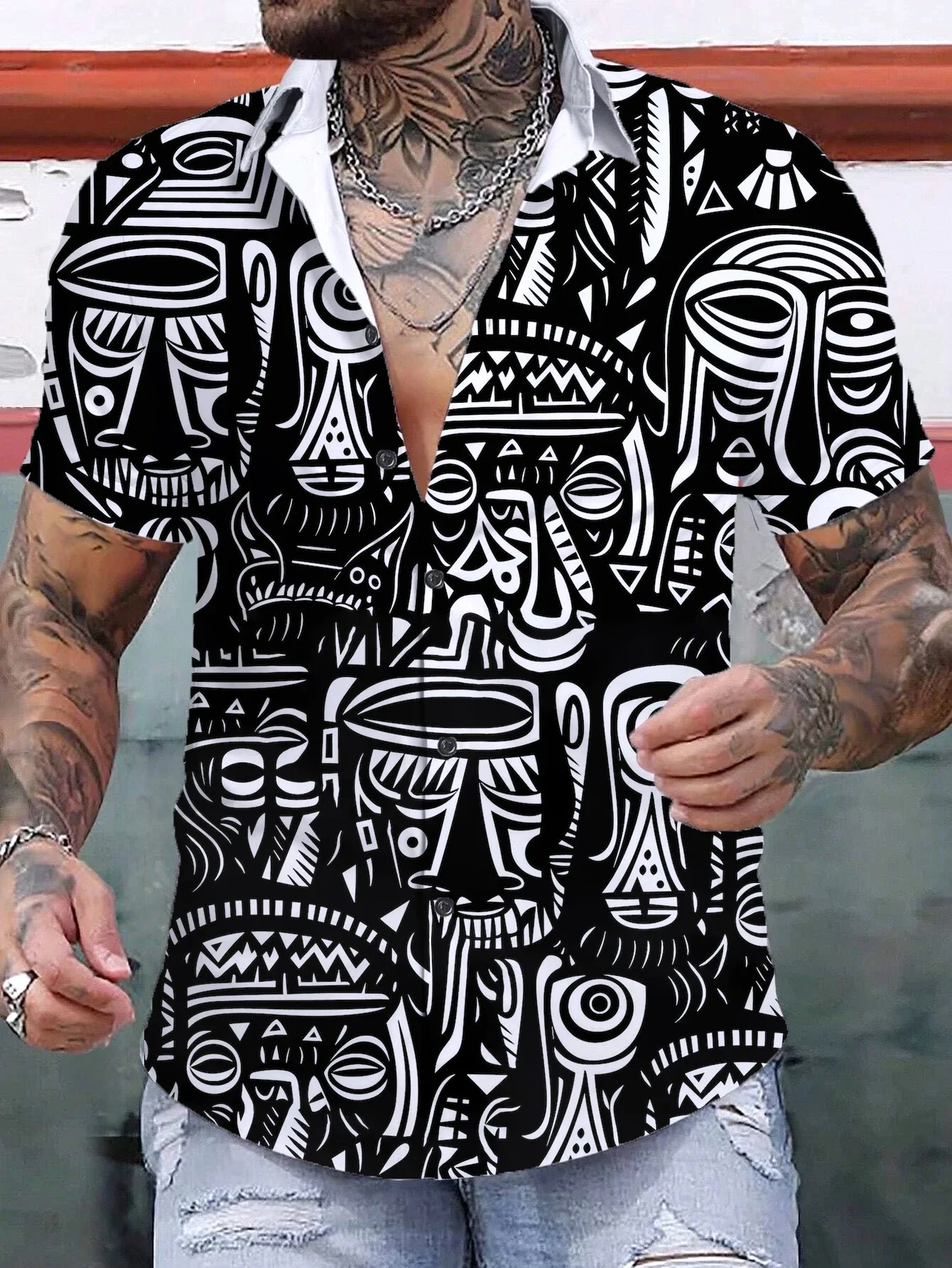 2024 Summer Men Shirts Art Tiki Graphic 3D Printing Simple Shirts Short Sleeved Tops Streetwear Loose Casual Hawaii Shirt