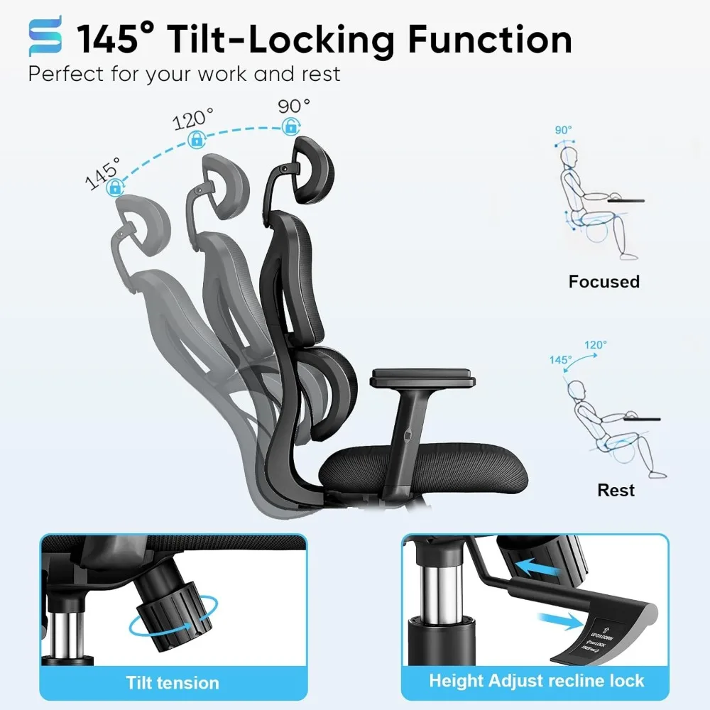 Ergonomic Office Chair, High Back Mesh Desk Chair with Lumbar Support and Adjustable Headrest, Executive Swivel Computer Chair