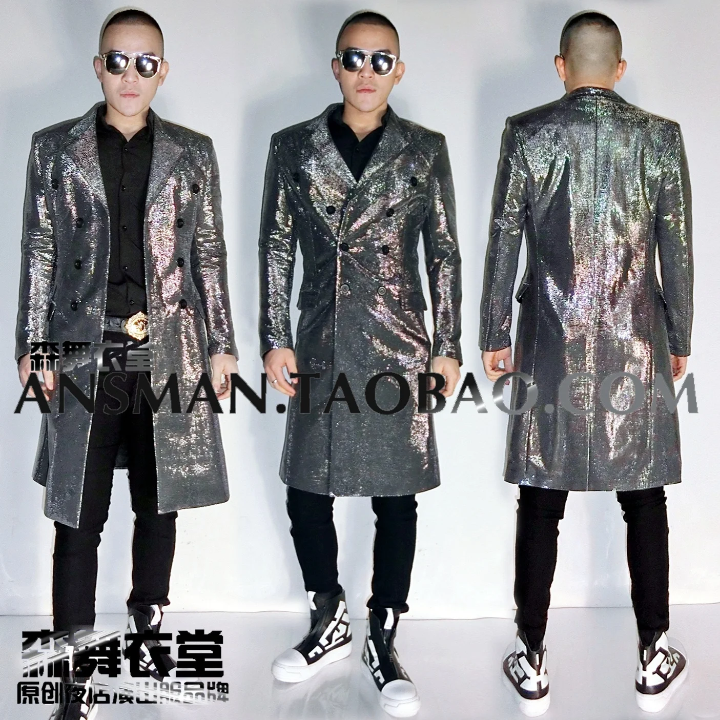 Spring and Autumn New Nightclub Bar DJ Singer Fashion Silver Long Double Breasted Suit Coat Men's Casual Performance Clothing