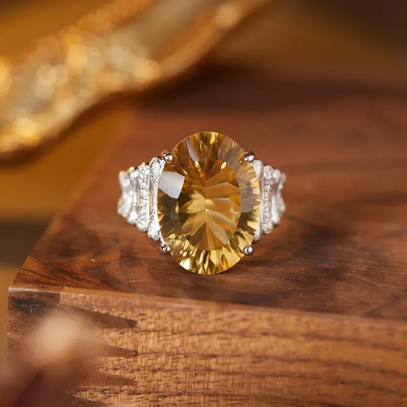 Big carat natural citrine amethyst ring unisex s925 sterling silver colored treasure Xiaohongshu wholesale