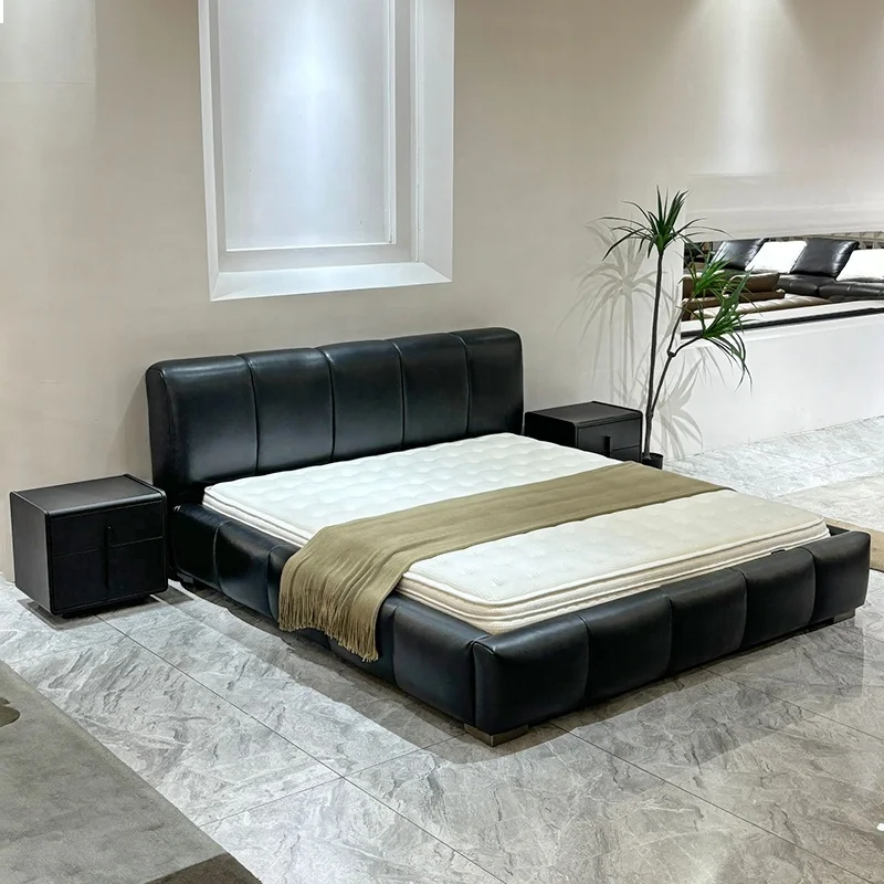 

fl- Luxury Modern King-Size Bedroom Furniture Set Upholstered Leather Double Bed Wide Headboard Wooden Frame Storage Home！