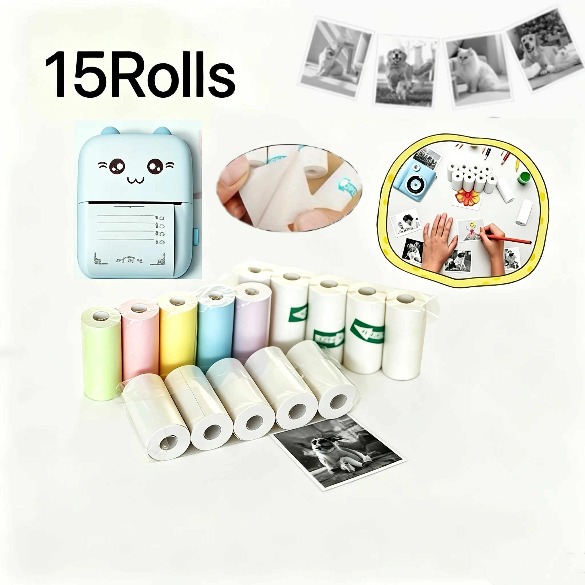 15 Rolls 57x25mm Mini Thermal Paper Roll Sticker Compatible for Pocket Printer Photo Label Memo Study Note Picture Gift