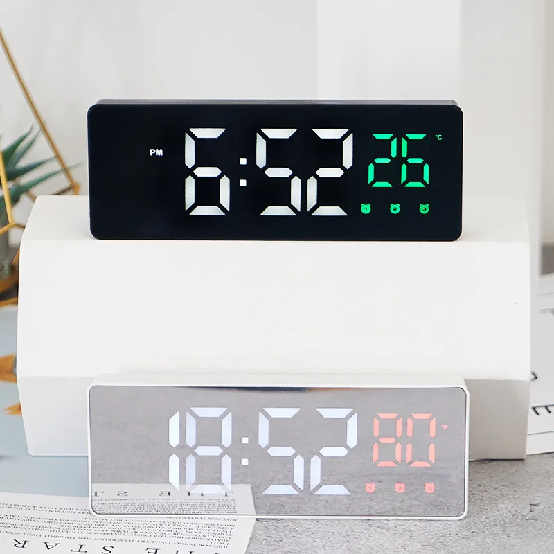 Voice Control Digital Alarm Clock Temperature Date Display Snooze Table Clock 3 Alarms 12/24H Mirror LED Clock With USB Cable