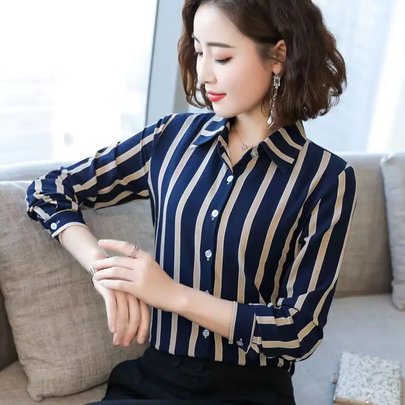 Fashion Striped Printing Shirt Tops Spring Summer New Long Sleeve Polo Neck All-match Slim Blouse Vintage Elegant Women Clothing