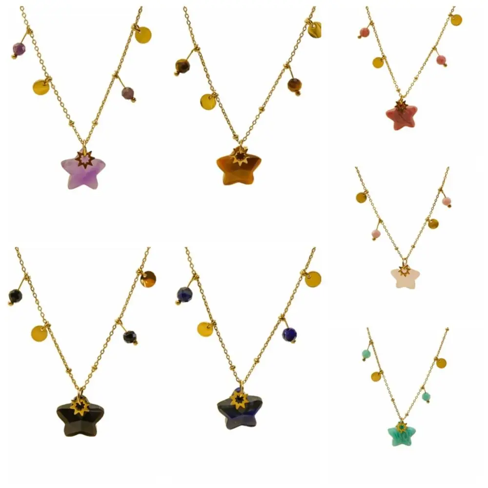سترة سلسلة حبة نجمة حجر قلادة خمر مجوهرات الأزياء دلاية شكل نجمة سلسلة عنق المرأة الطبيعية الرقبة المختنق الرقبة الديكور #5