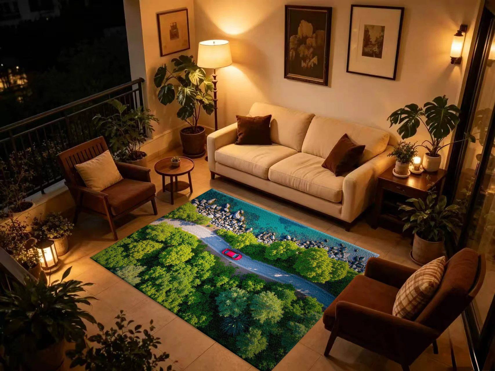 Aerial Top View Red Car Forest Coastal Road Carpet Flooring, Nature Travel Scenery Non-Slip Area Rug for Living Room Home Floor Decor