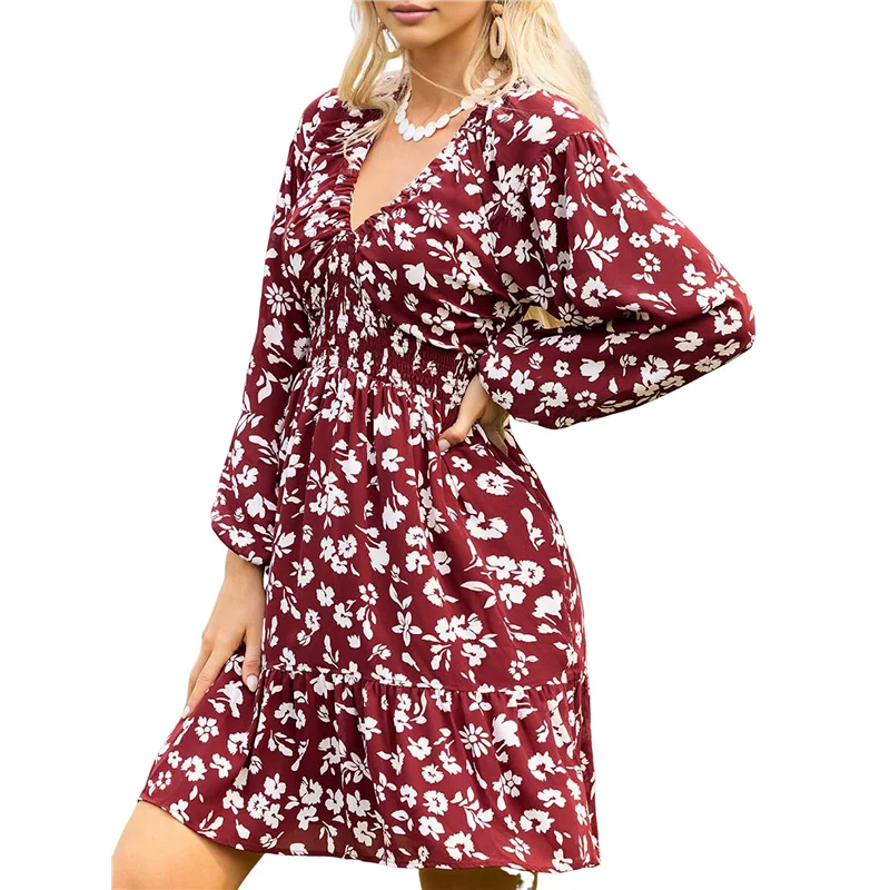 CGS-Donna Autunno Boho Floreale Scollo a V Manica lunga Smocked Elastico in vita Casual A-Line Mini abito prendisole