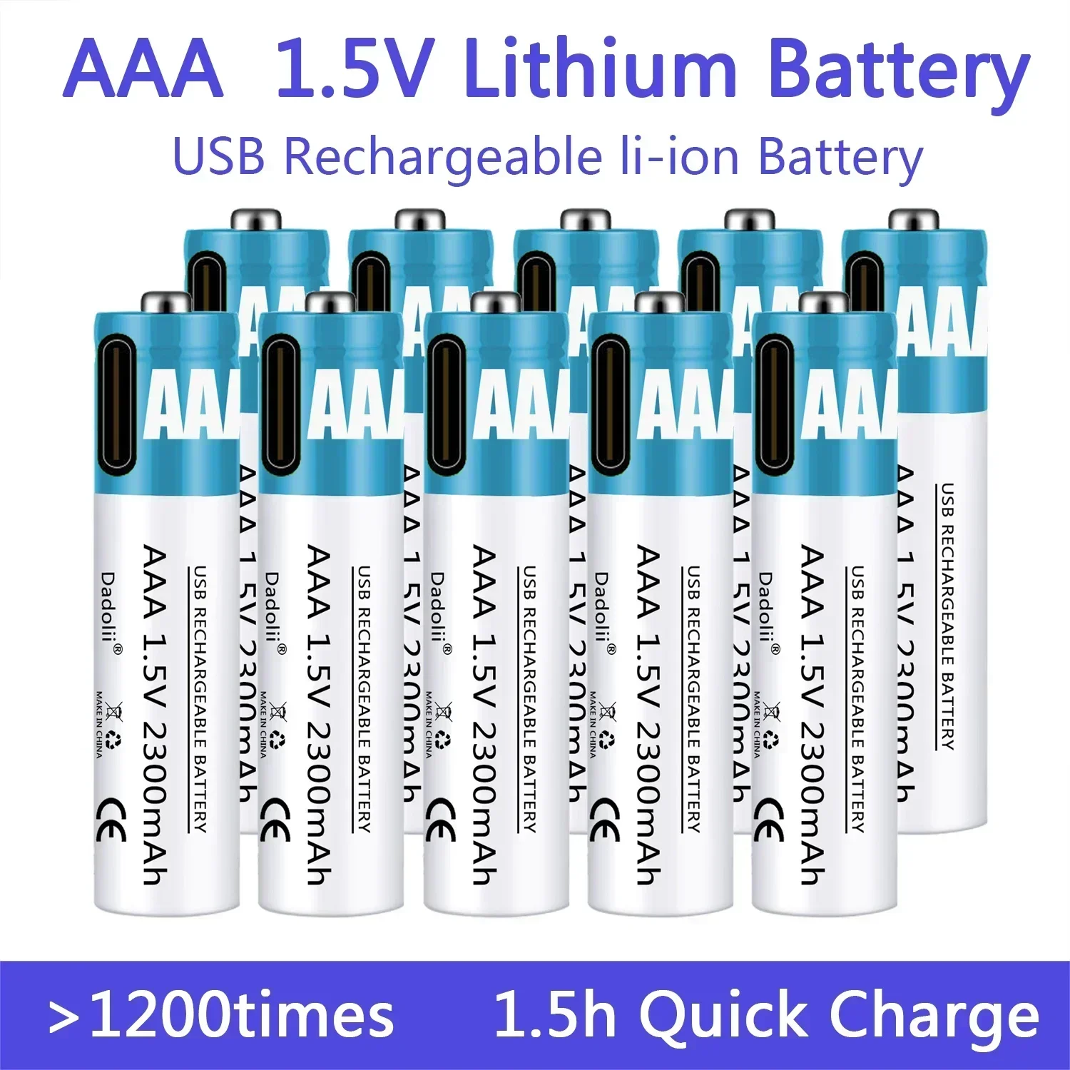 2024 1.5V AAA Rechargeable Battery 2300mAh Rechargeable AAA Battery Lithium Polymer Battery Quick Charging by Type-C USB Cable