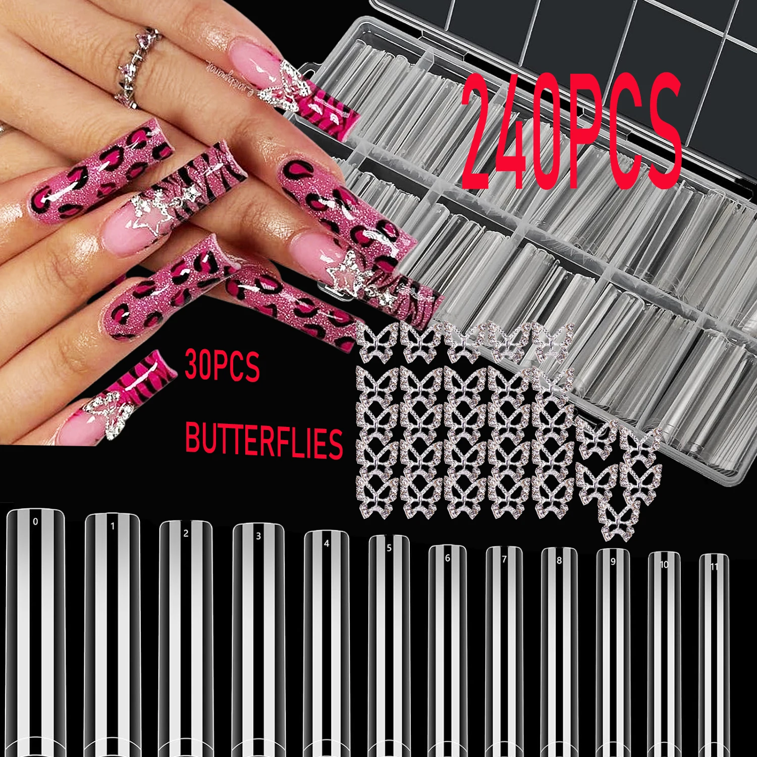 

240pcs 2.1inch Long Transparent Square False Nail Tips XL Acrylic Fake Nail Tips+30pcs Crystal Butterfly Nail Charms Nail Supply