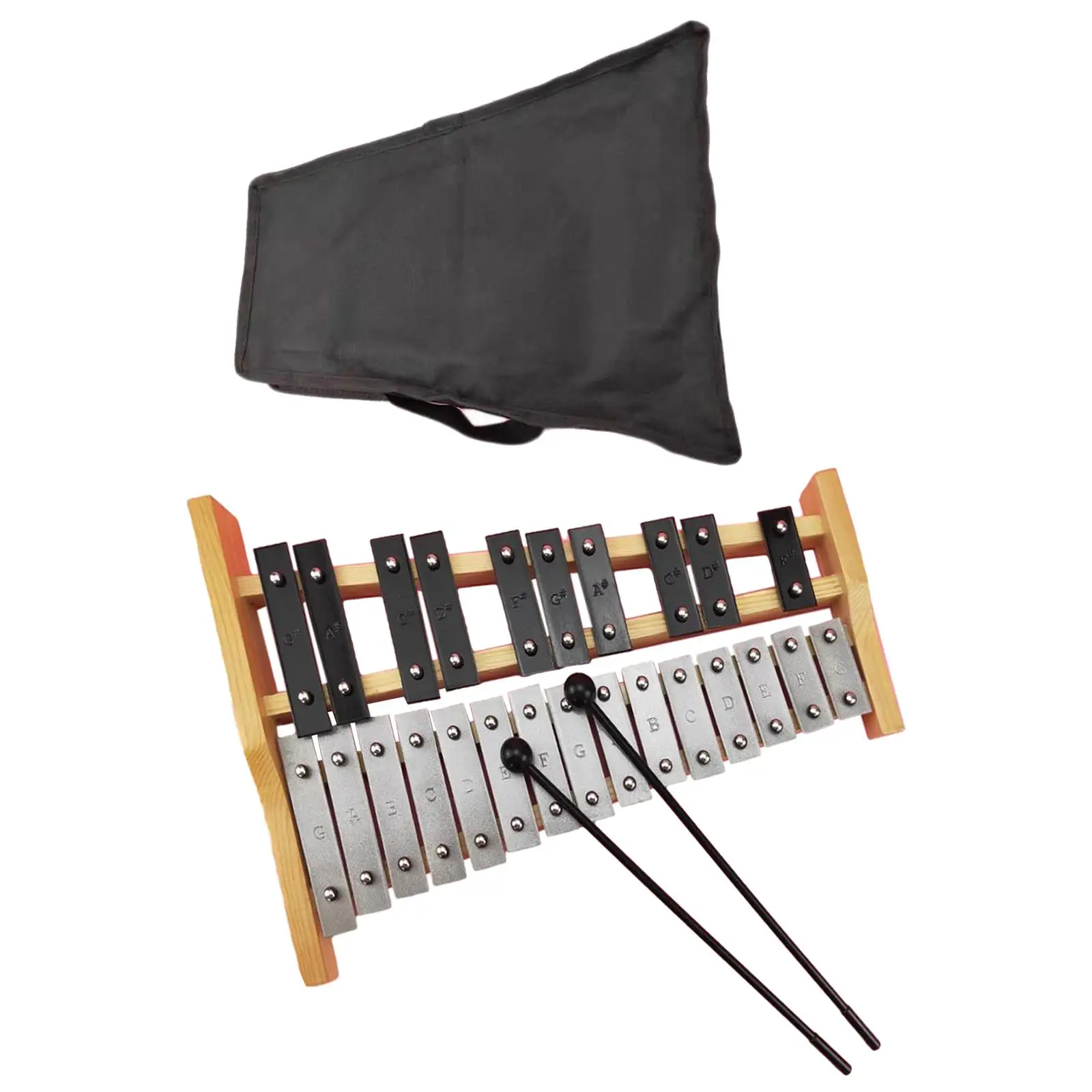 25 catatan Glockenspiel, instrumen musik mainan dengan membawa tas dan palu,