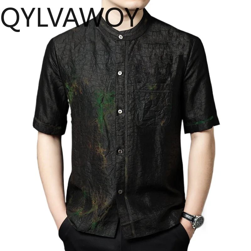 

QYLVAWOY 100%Natural Mulberry Silk Shirts Summer High Quality Shirts for Man Short Sleeves Tops Black Shirt Chinese Stand Collar