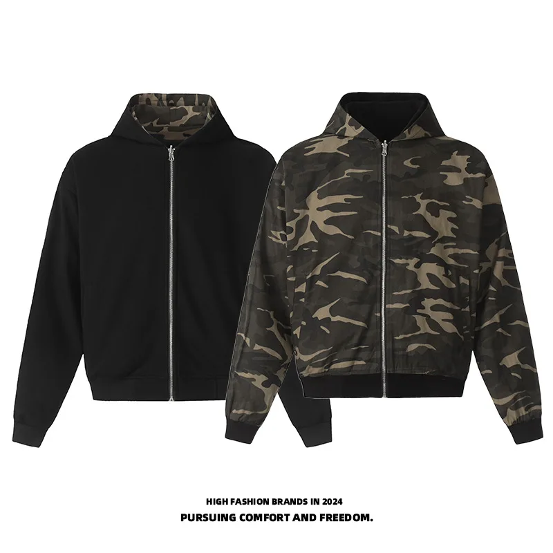 Reversible Sweatshirt Jacket Y2K New Product Real Shot American Clean Fit Camouflage Hoodie Retro High Street Unisex Streetwear