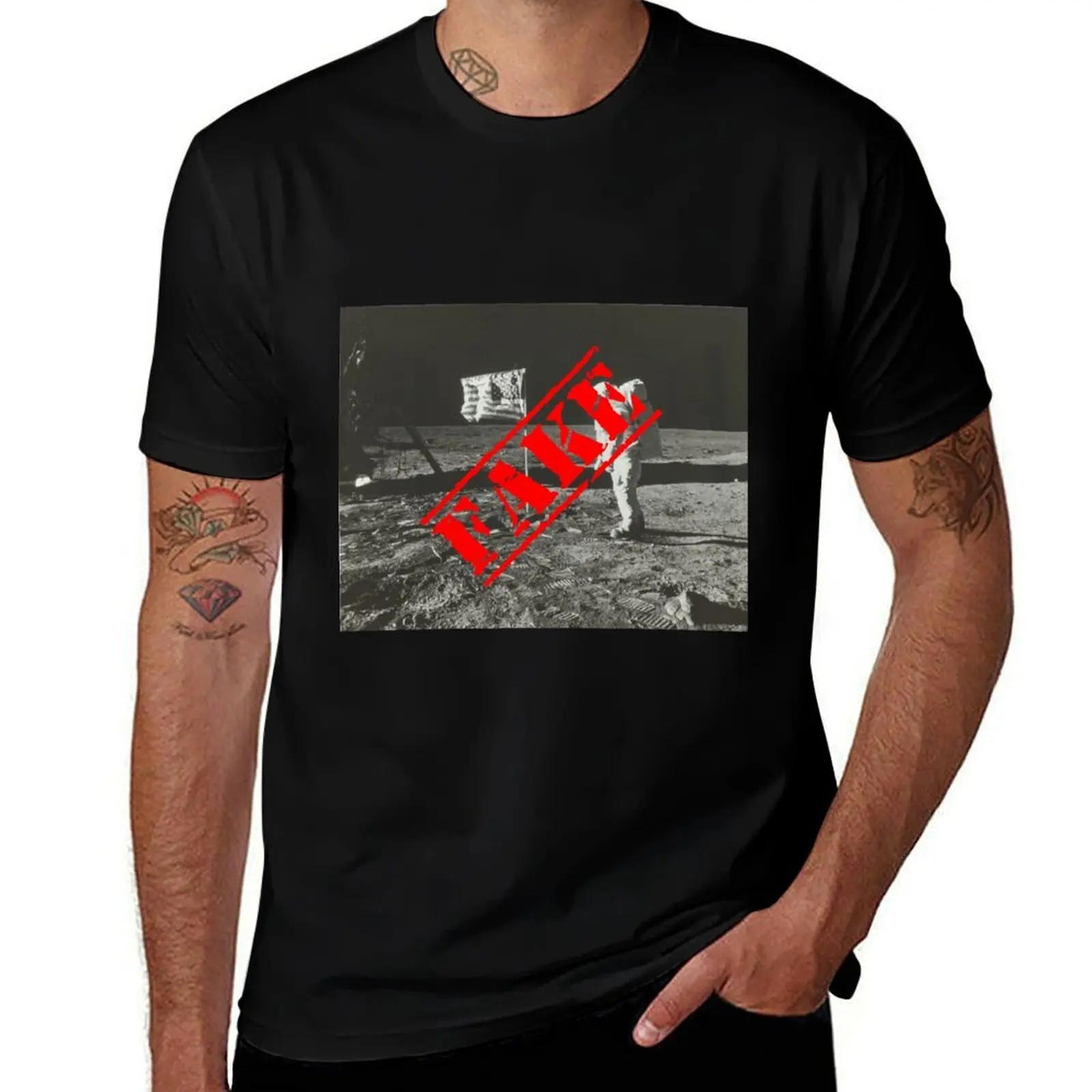 Fake Moon Landing: Buzz Aldrin on the Moon with American Flag T-Shirt Big Size Daily Wear T-Shirt