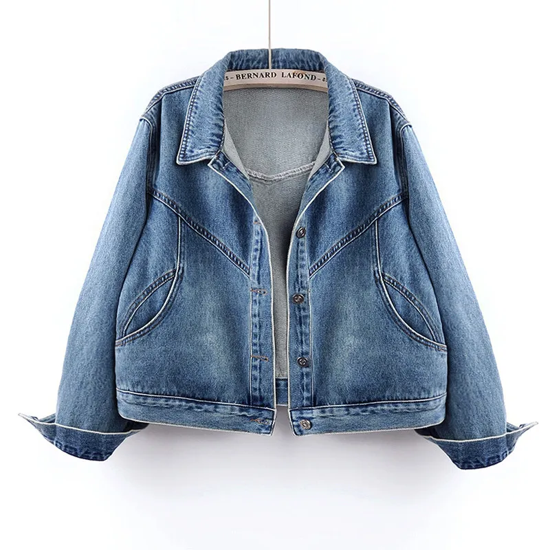 

Осенняя женская свободная джинсовая куртка с большими карманами, синяя, укороченная, повседневная, на одной пуговице, с отложным воротником, с длинными рукавами, базовая модель